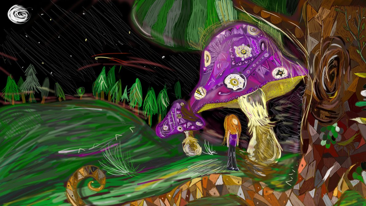Digitální malba zrzavé holky v noci v zalesněné krajině, roste nad ní obrovská houba s detailním fialovým kloboukem.
