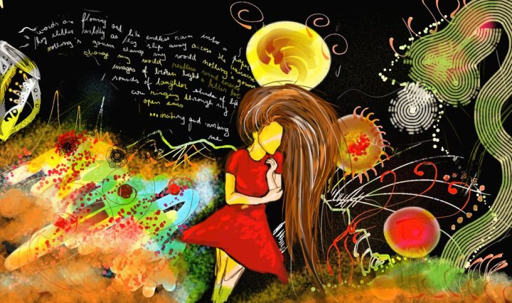 Digitální malba hnědovlasé dívky v červených šatech, která stojí ve vesmírné krajině plné barevných tvarů a za ní se line text písně Across the Universe.