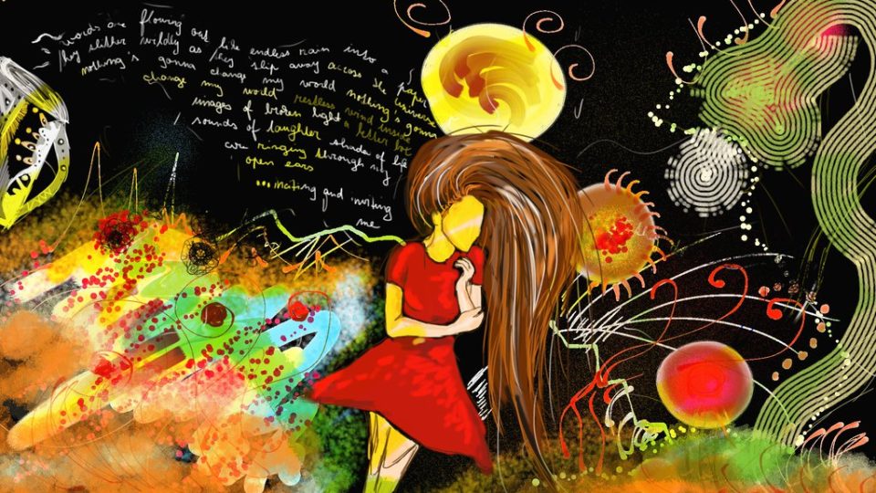 Digitální malba hnědovlasé dívky v červených šatech, která stojí ve vesmírné krajině plné barevných tvarů a za ní se line text písně Across the Universe.