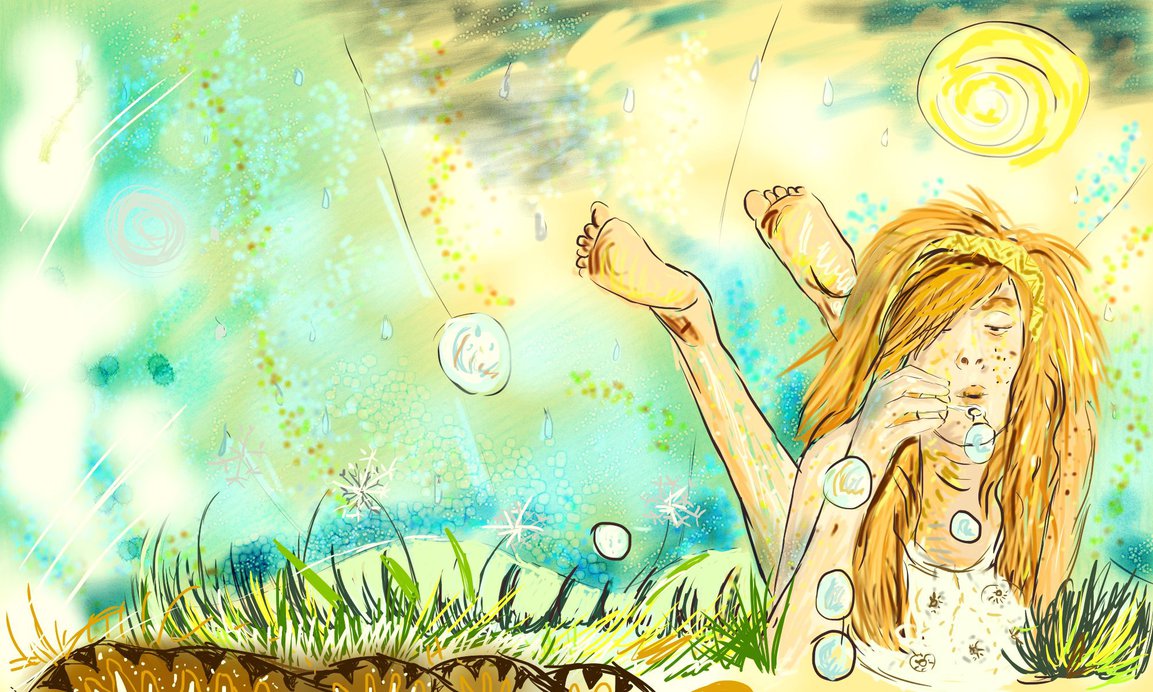Digitální malba zrzavé holky s pihama a bublifukem, - leží v trávě a fouká bubliny.