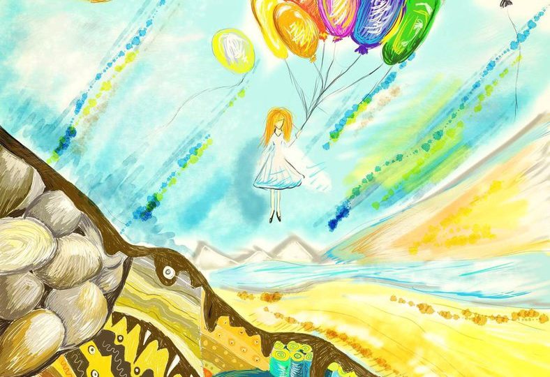Digitální malba dívky, která drží spoustu balonků, které ji unáší k obloze, zatímco se zpoza hory, která stojí pod ní, podivně kouká modrý kámen...