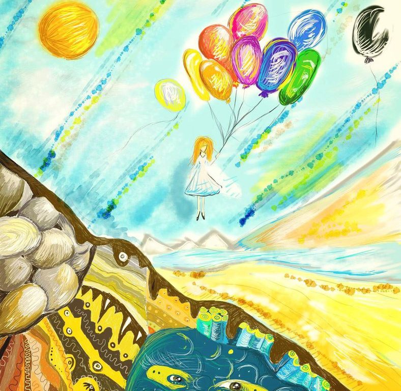 Digitální malba dívky, která drží spoustu balonků, které ji unáší k obloze, zatímco se zpoza hory, která stojí pod ní, podivně kouká modrý kámen...