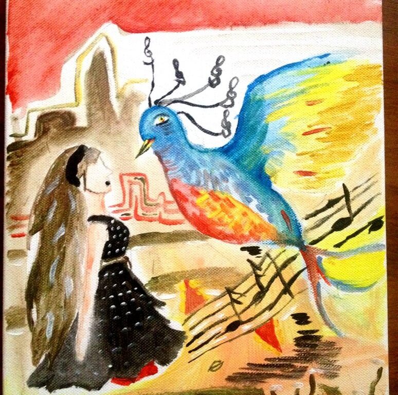 Malba na plátně - tmavovlasá dívka v černých šatech se dívá na modročerveného obrovského ptáčka, který stojí vedle ní a pod ním se line notová osnova.