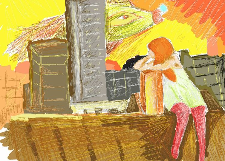 Zrzavá holka sedící na střeše domu. za ní je žlutorudé nebe, západ slunce, přes mrakodrapy vzadu přelétává obrovská zelená ryba.