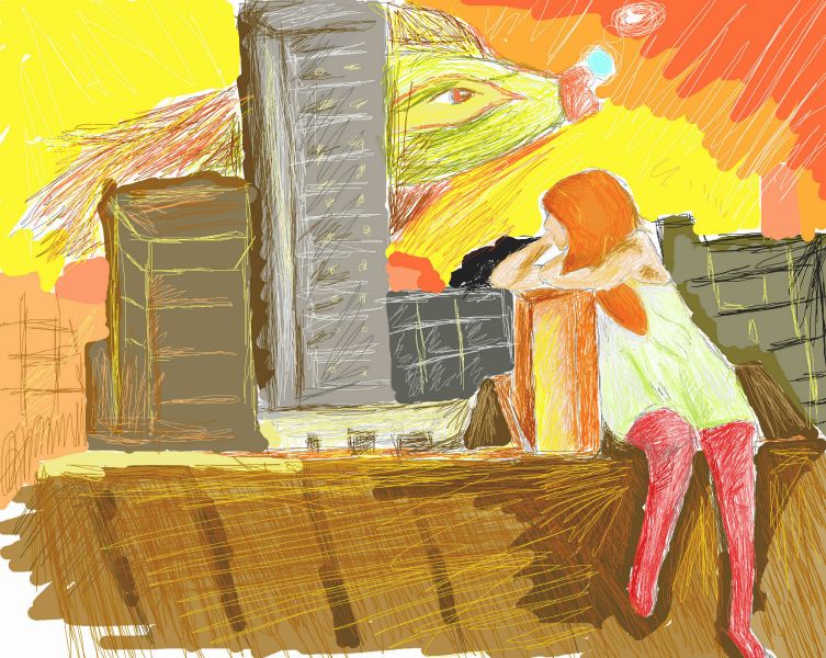 Zrzavá holka sedící na střeše domu. za ní je žlutorudé nebe, západ slunce, přes mrakodrapy vzadu přelétává obrovská zelená ryba.