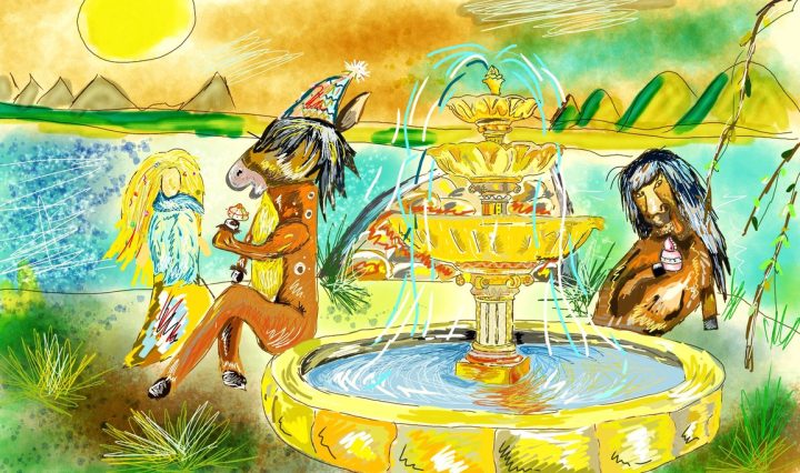 Malba připomínající výjev z Lucy in the Sky - fontána uprostřed louky, kde sedí koňolidé a jedí koláčky.