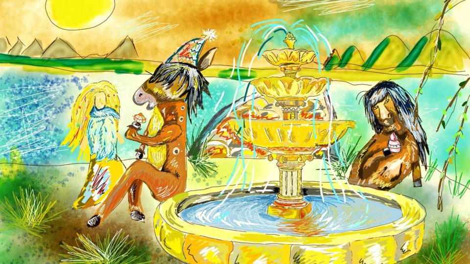 Malba připomínající výjev z Lucy in the Sky - fontána uprostřed louky, kde sedí koňolidé a jedí koláčky.