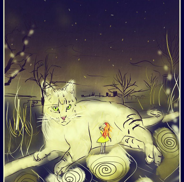 Zrzavá holka, za kterou stojí uprostřed noci obrovská bílá kočka - digitální malba