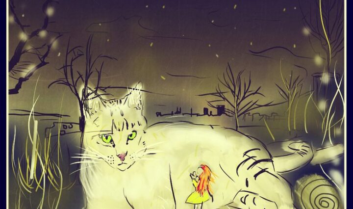 Zrzavá holka, za kterou stojí uprostřed noci obrovská bílá kočka - digitální malba