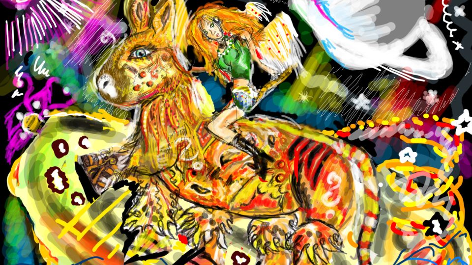 Velmi komplexní digitální malba vesmírné krajiny, ve které je hrozná spousta barev, uprostřed stojí chlupaté veliké zvíře podobné koni, které je oranžové, a na něm sedí zrzavá holka.