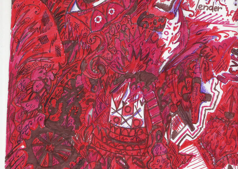Červenobílý velmi detailní obraz složený z mnoha maličkých prvků, očí, otazníků.