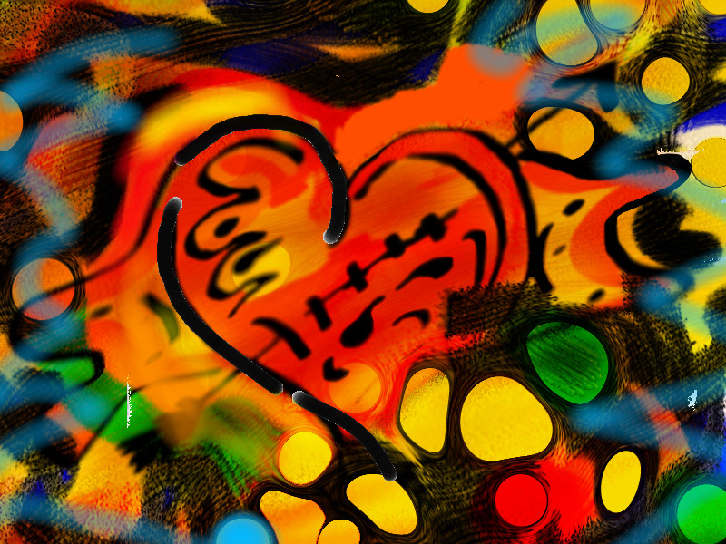 Digitální malba červeného srdce s olejovými skvrnami různých barev, které se přes něj prolínají.