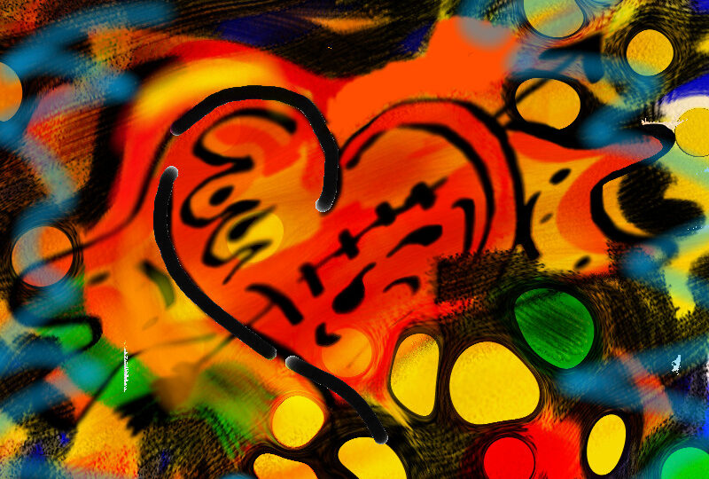 Digitální malba červeného srdce s olejovými skvrnami různých barev, které se přes něj prolínají.