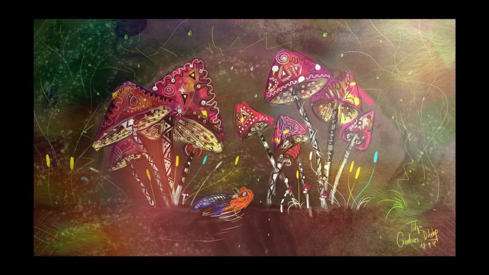 Digitální malba zrzavé holky a druhé postavy ležící pod spoustou hub s fialovými klobouky v tmavozeleném lese se spoustou světýlek.