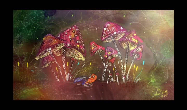 Digitální malba zrzavé holky a druhé postavy ležící pod spoustou hub s fialovými klobouky v tmavozeleném lese se spoustou světýlek.