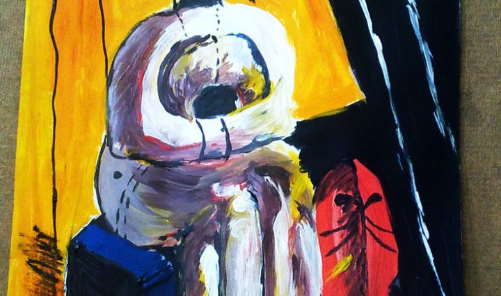 Malba - imitace de Chiricových obrazů, na žluté podlaze sedí podivná socha s červenou maskou.