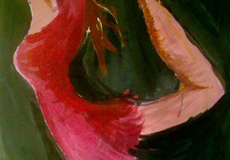 malba na papíře - na tmavém pozadí tančí dívka v červených šatech balet.