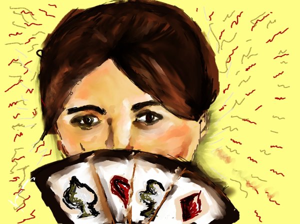 Digitální malba - portrét tmavovlasé ženy na žlutém pozadí, spodní polovinu obličeje jí zakrývají čtyři hrací karty.