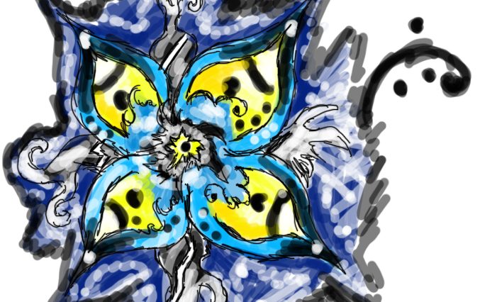 Digitální malba modrožluté květiny.