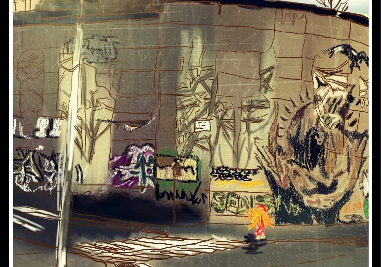Digitální malba zrzavé holky na přechodu pro chodce uprostřžed města - vidíme panelové domy, silnici a obrovskou zeď s grafitti.