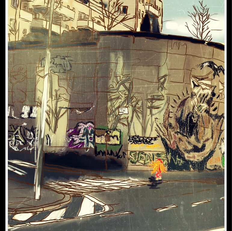 Digitální malba zrzavé holky na přechodu pro chodce uprostřžed města - vidíme panelové domy, silnici a obrovskou zeď s grafitti.