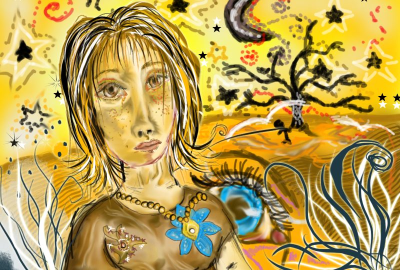 Digitální malba v naivním stylu, zlatožluté pozadí a na něm měsíc a krajina se stromem, v popředí stojí dívka s krátkými hnědými vlasy a snědou pletí a modrou květinovou broží.