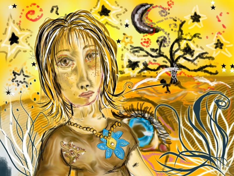 Digitální malba v naivním stylu, zlatožluté pozadí a na něm měsíc a krajina se stromem, v popředí stojí dívka s krátkými hnědými vlasy a snědou pletí a modrou květinovou broží.