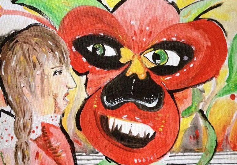 Malba na plátno podobná výjevu z Alenky v říši divů - dívka s dlouhým hnědým copem zděšeně kouká na velikou rudou macešku, která má oči a ústa s velkými zuby.