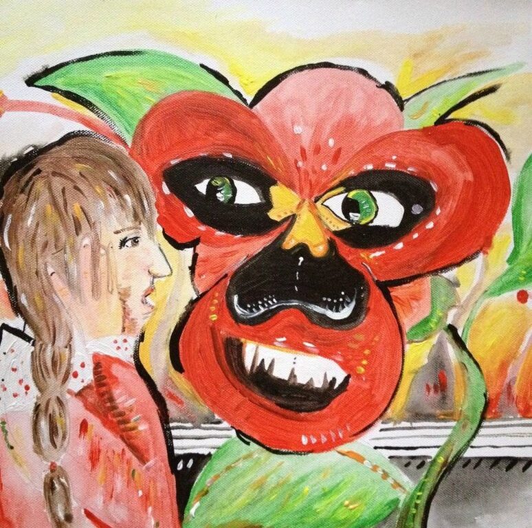 Malba na plátno podobná výjevu z Alenky v říši divů - dívka s dlouhým hnědým copem zděšeně kouká na velikou rudou macešku, která má oči a ústa s velkými zuby.