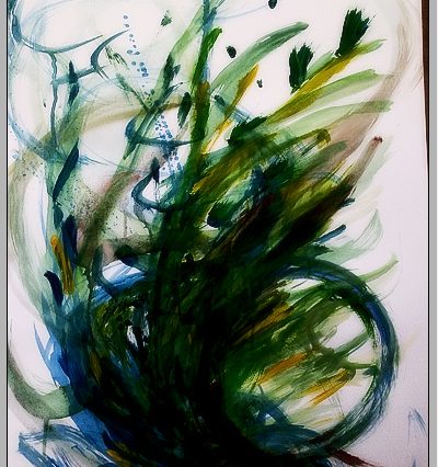 Abstraktní malba větru - modrozelený točivý vír uprostřed výkresu.