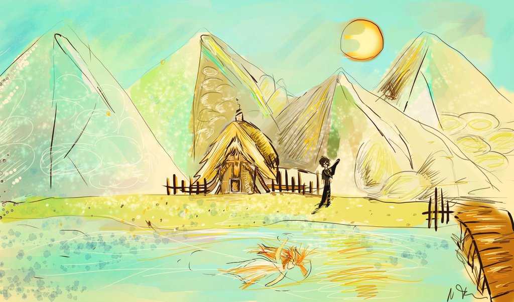 Digitální malba chladného dne, na kterém zrzavé holka plave uprostřed jezera, v pozadí vidíme modrobílé hory, mužskou postavu s kytarou a chatu, která je schovaná v horách.