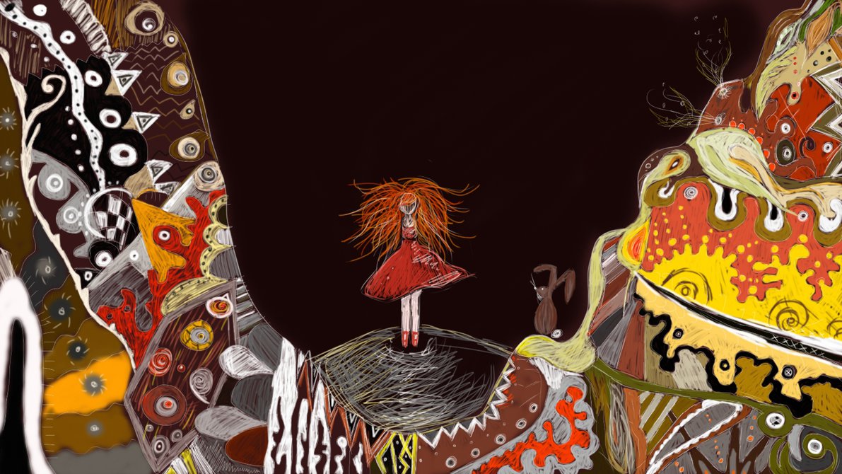Digitální malba zrzavé holky, která stojí mezi dvěma velkýma barevnýma detailníma horama ve tmě - paralela Alenky v říši divů, která dopadá v králičí noře na dno.