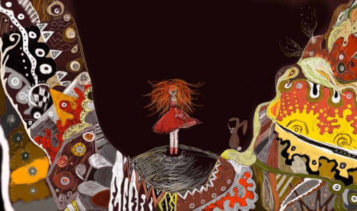 Digitální malba zrzavé holky, která stojí mezi dvěma velkýma barevnýma detailníma horama ve tmě - paralela Alenky v říši divů, která dopadá v králičí noře na dno.