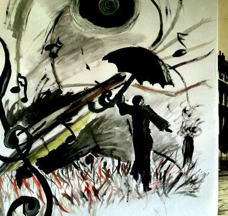 Černobílá malba panáčka s deštníkem, kterému deštník odlétá ve větru, za ním se nachází notová osnova, houslový klíč. Pod ním je celá nota a tři tečky.