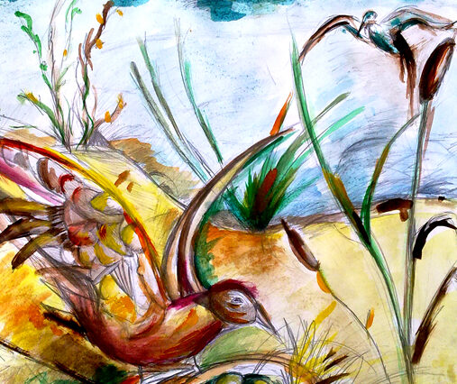 Lehká akvarelová malba ptáčka, který přílétá do svého hnízda u jezera, všude kolem je rákosí a vysoká tráva.