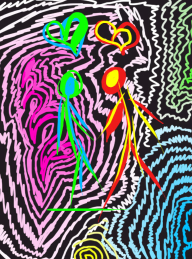 Digitální malba dvou panáčků, kteří mají nad hlavou srdce a za nimi jsou růžovomodré linie.