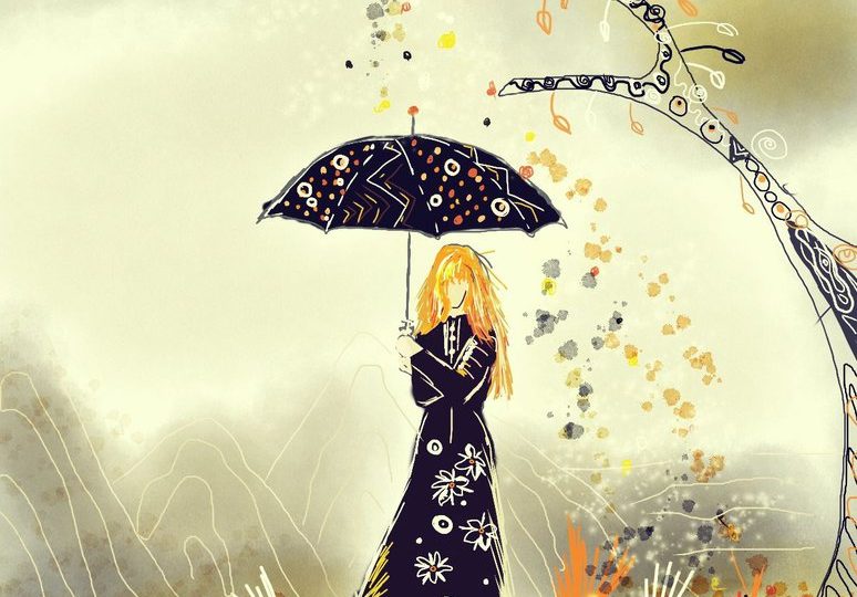 Digitální malba zrzavé holky v černých šatech s černým deštníkem, prší na ni z nebe, které je šedé, konfety v oranžové a černé barvě.