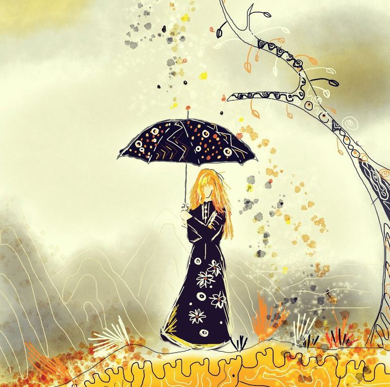 Digitální malba zrzavé holky v černých šatech s černým deštníkem, prší na ni z nebe, které je šedé, konfety v oranžové a černé barvě.