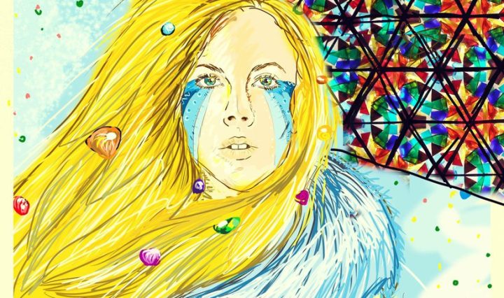 Malba blondýny s modrou pelerínou a malbou na obličeji, za ní je obrovský kus nebe pokryt výřezem z kaleidoskopu. Obraz má reprezentovat Lucy in the Sky with Diamonds.