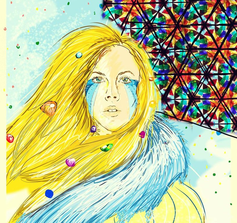 Malba blondýny s modrou pelerínou a malbou na obličeji, za ní je obrovský kus nebe pokryt výřezem z kaleidoskopu. Obraz má reprezentovat Lucy in the Sky with Diamonds.