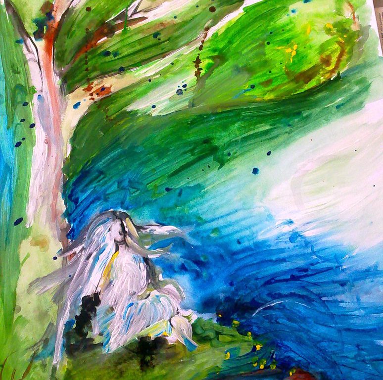Malba ženské postavy, která sedí pod stromem, vše je provedeno v impresionistickém stylu, velmi lehce, nebe za postavou je modré.