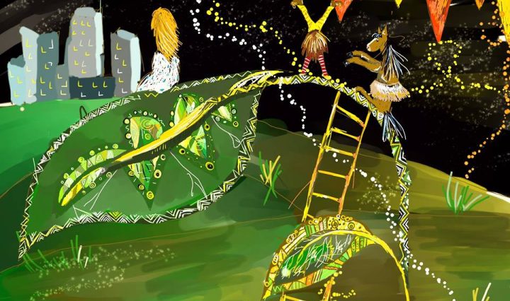 Digitální malba zrzavé holky v bílých šatech sedící na velikém zeleném listu, kouká na město v noci do dálky, zatímco na stonku listu tančí kůň a cirkusový skřítek. Na stonek vede žebřík a nad listem jsou žlutočervené praporky.