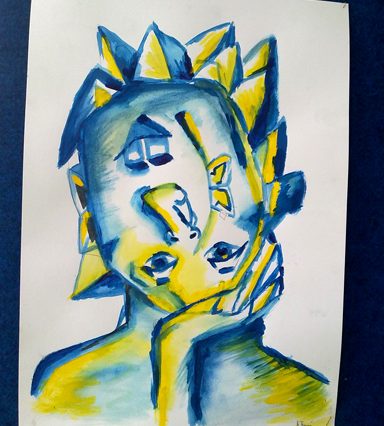 Kubistická akrylová malba modrožluté hlavy.