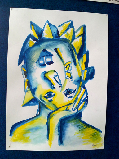 Kubistická akrylová malba modrožluté hlavy.