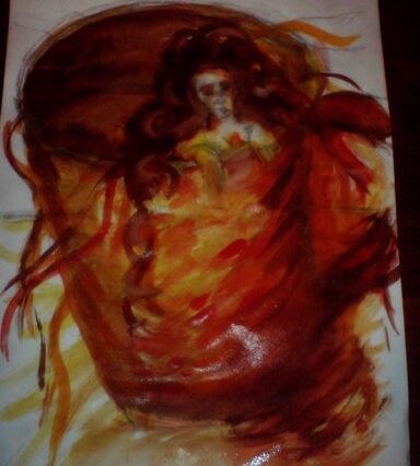 Malba maličké ženy, která sotva vykukuje z obrovského hnědého květináče.