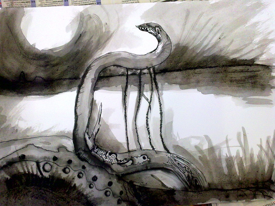 Černobílá kresba harfy na břehu rybníka.