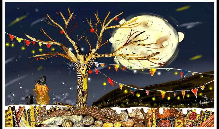 Digitální kresba zrzavé holky, která k nám sedí zády, pod stromem bez listí, za kterým visí barevné červenožluté praporky. Je noc a na obloze svítí obrovský měsíc a hvězdy.