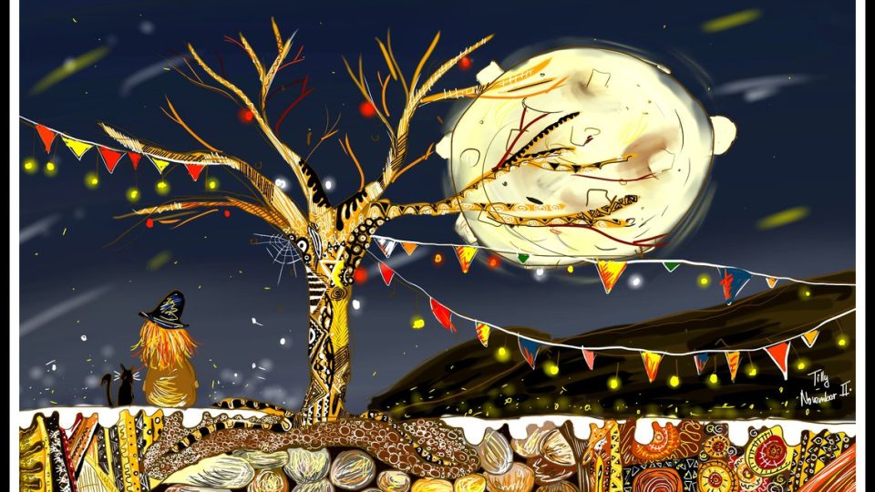 Digitální kresba zrzavé holky, která k nám sedí zády, pod stromem bez listí, za kterým visí barevné červenožluté praporky. Je noc a na obloze svítí obrovský měsíc a hvězdy.
