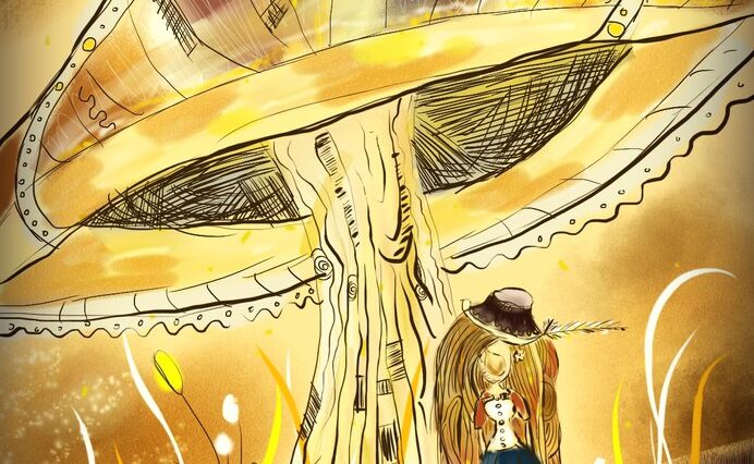 Digitální kresba hnědovlasé dívky, která stojí pod obrovskou houbou. Celý obrázek je laděn do oranžovohnědé barvy.