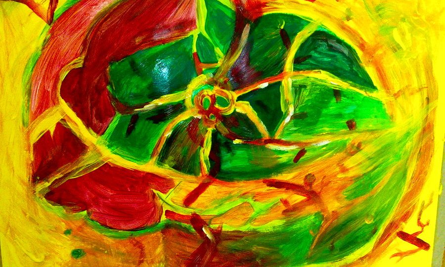 Abstraktní žlutozelenočervený obraz připomínající kytku malovaný vaječnou temperou.